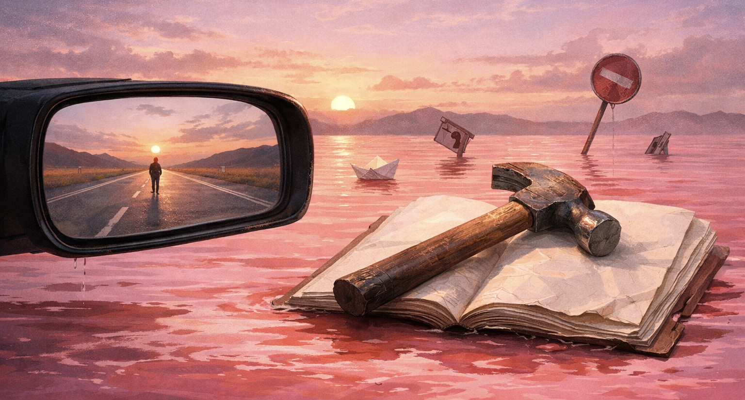 后视镜、粉红色的水和没有说明书的锤子